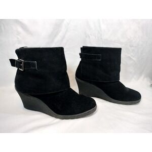 AXXIOM Saratoga Black Suede Wedge Ankle Boots Fold Over Cuff